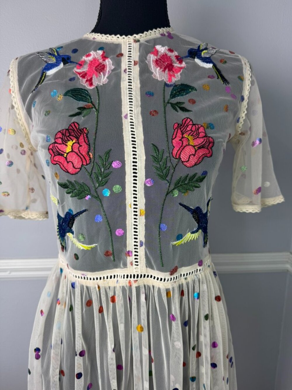 Frock & Frill Sx 4 Floral Bird Embroidered Maxi Dress Allover Rainbow Polka Dot